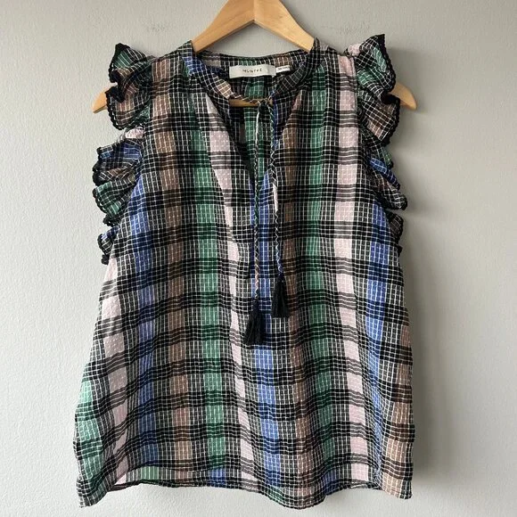 Munthe Ruffled Plaid Sleeveless Blouse Tassel Tie Womens Size 38 (M) - Picture 2 of 8